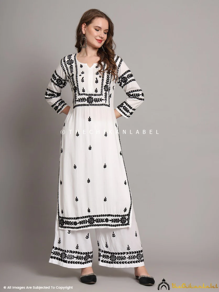 Chavvi Rayon Chikankari Kurti Palazzo Set - Black On White - Image 3