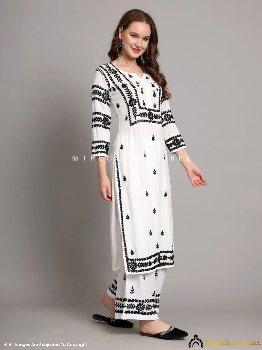 Chavvi Rayon Chikankari Kurti Palazzo Set - Black On White - Image 4