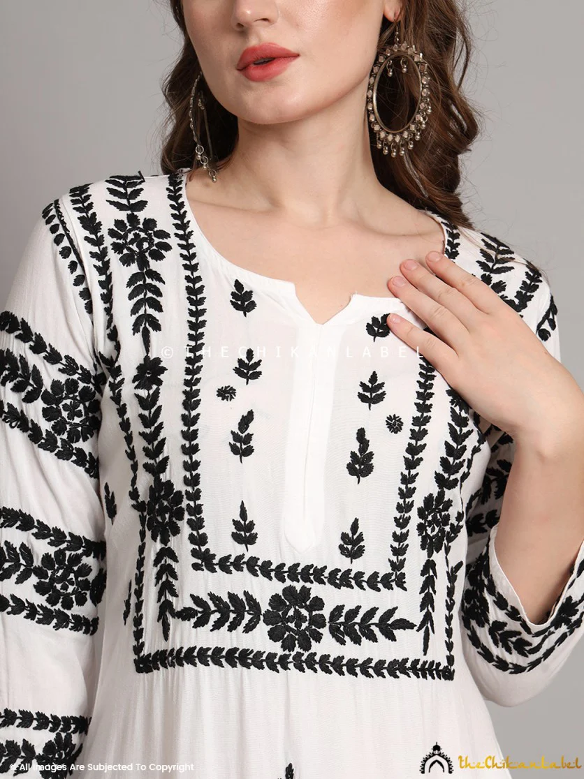 Chavvi Rayon Chikankari Kurti Palazzo Set - Black On White - Image 5
