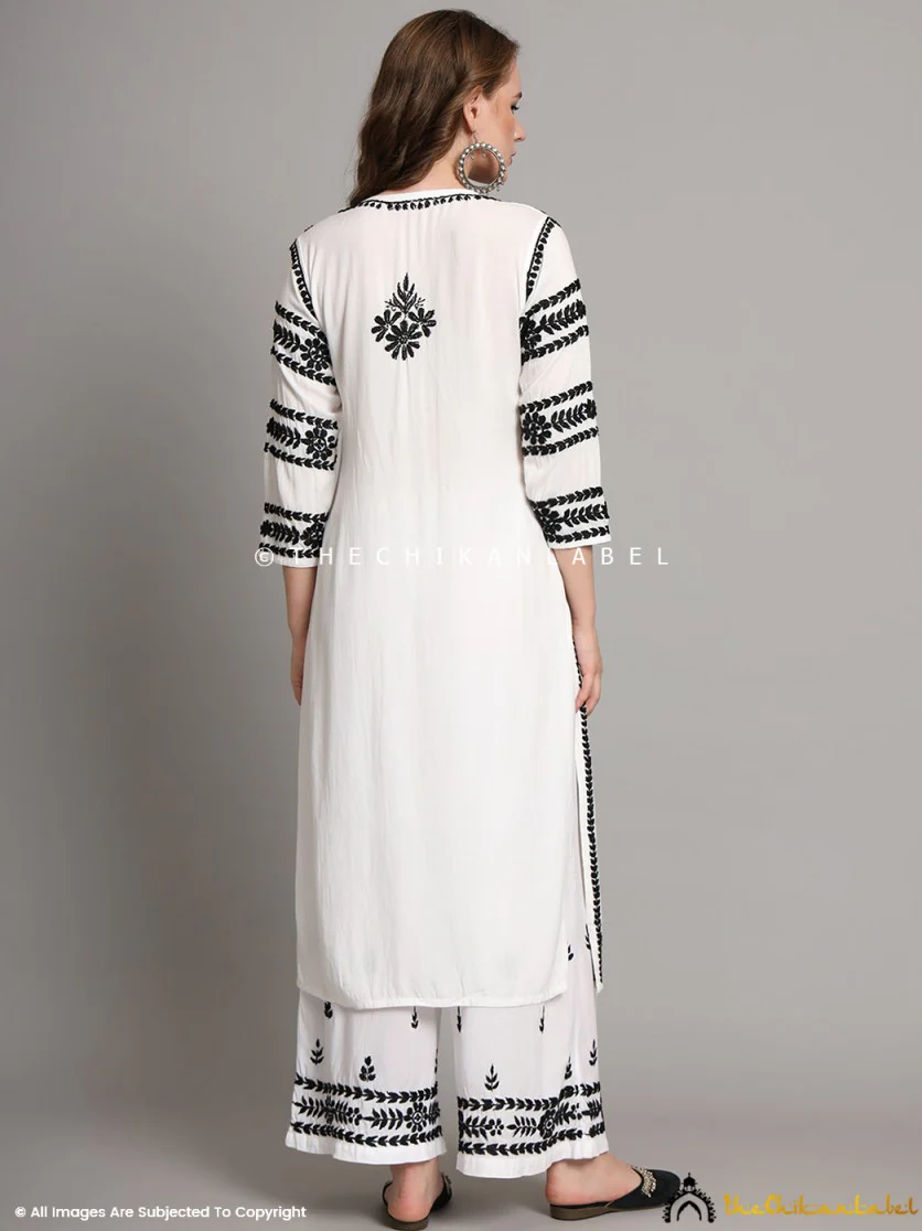 Chavvi Rayon Chikankari Kurti Palazzo Set - Black On White - Image 6