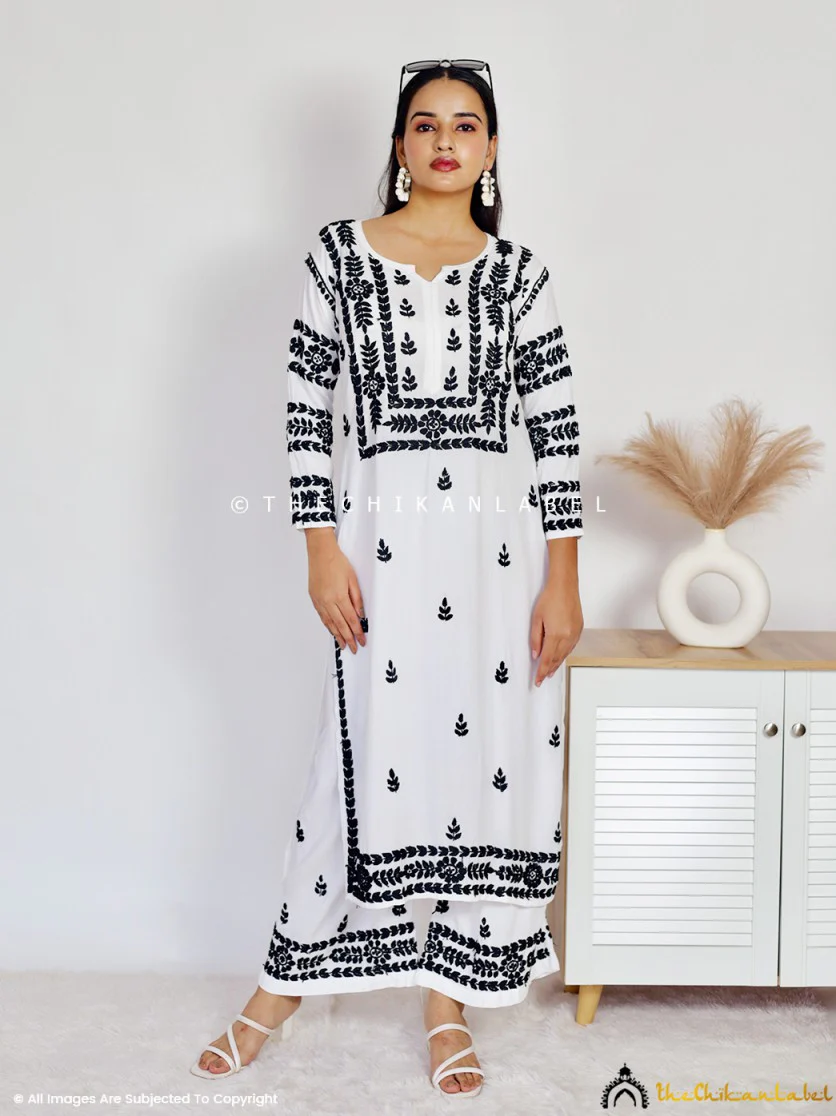 Chavvi Rayon Chikankari Kurti Palazzo Set - Black On White - Image 8
