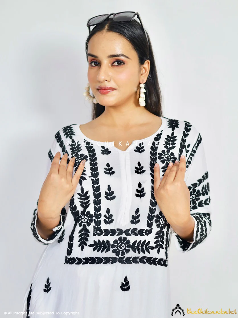 Chavvi Rayon Chikankari Kurti Palazzo Set - Black On White - Image 9