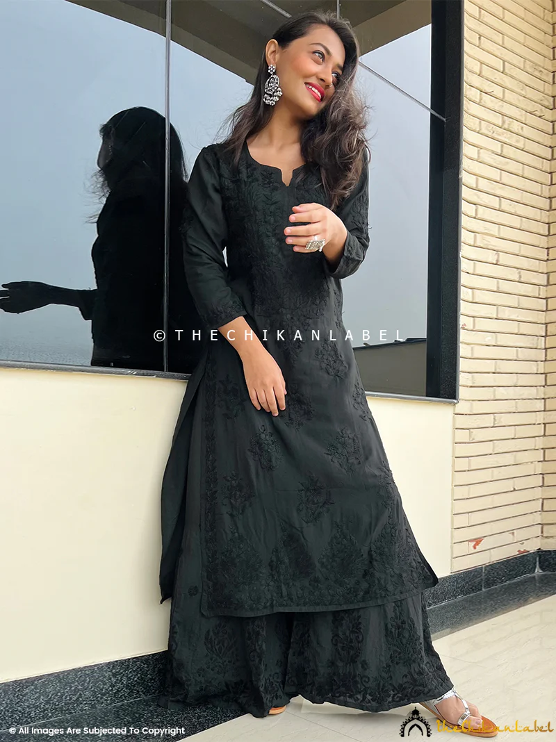 Black Roza Modal Chikankari Straight Kurta Set - Image 3