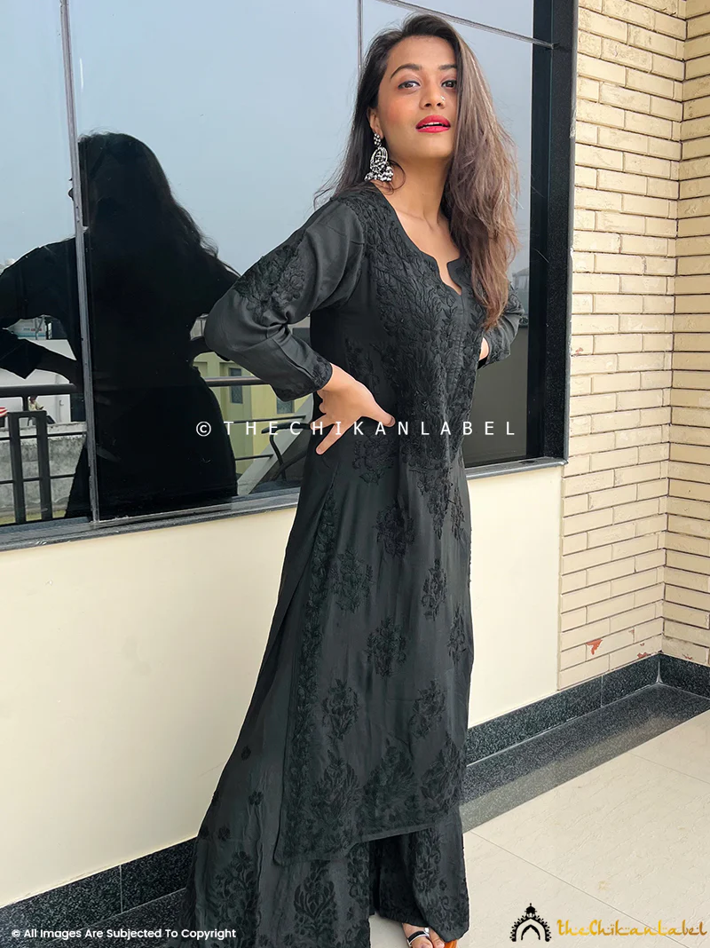Black Roza Modal Chikankari Straight Kurta Set - Image 4