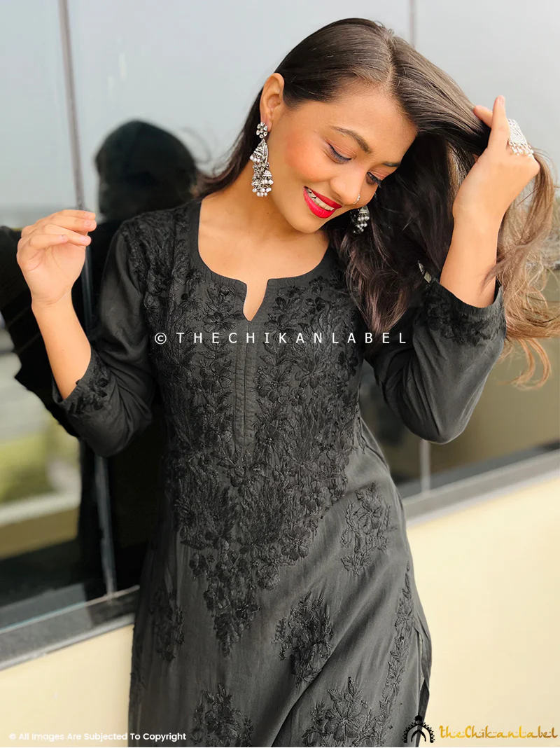 Black Roza Modal Chikankari Straight Kurta Set - Image 5