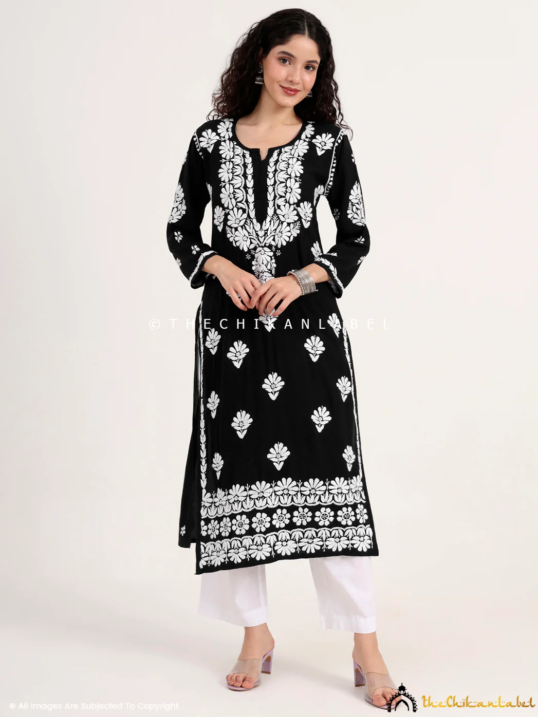 Saira Rayon Straight Chikankari Kurti - Black - Image 4
