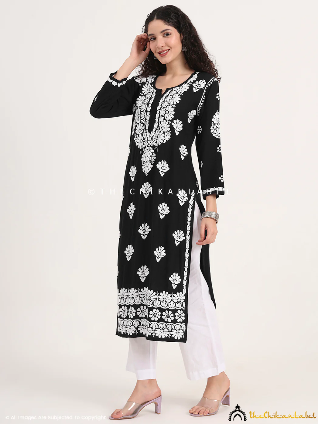 Saira Rayon Straight Chikankari Kurti - Black - Image 5