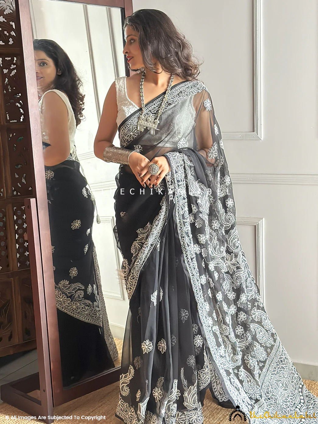 Saisha Georgette Authentic Chikankari Saree - Black - Image 2