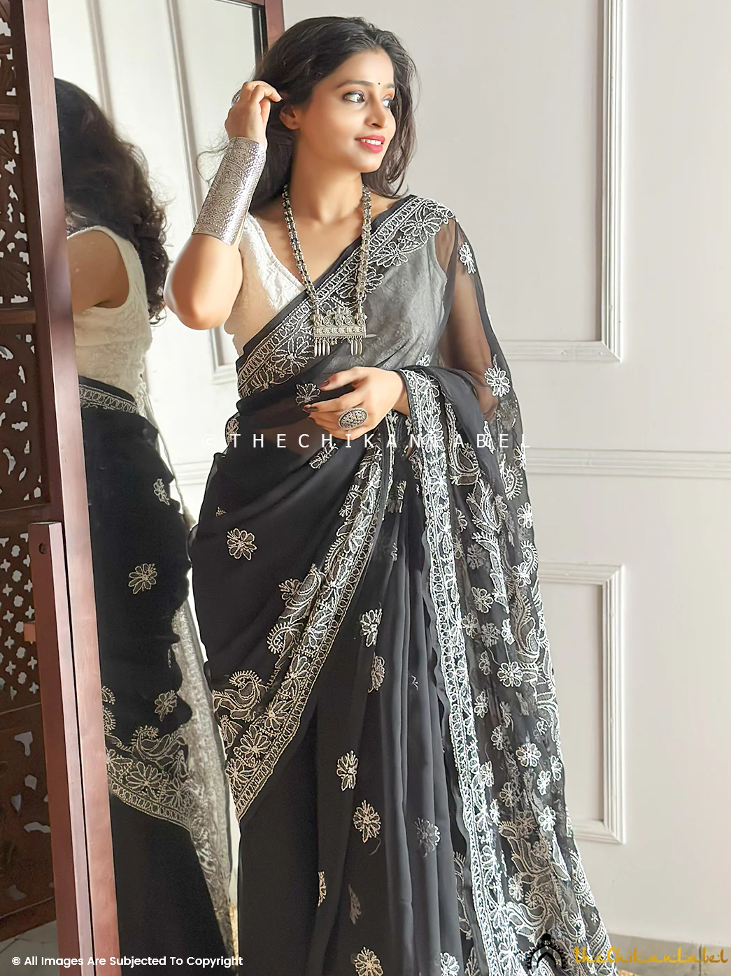 Saisha Georgette Authentic Chikankari Saree - Black - Image 3