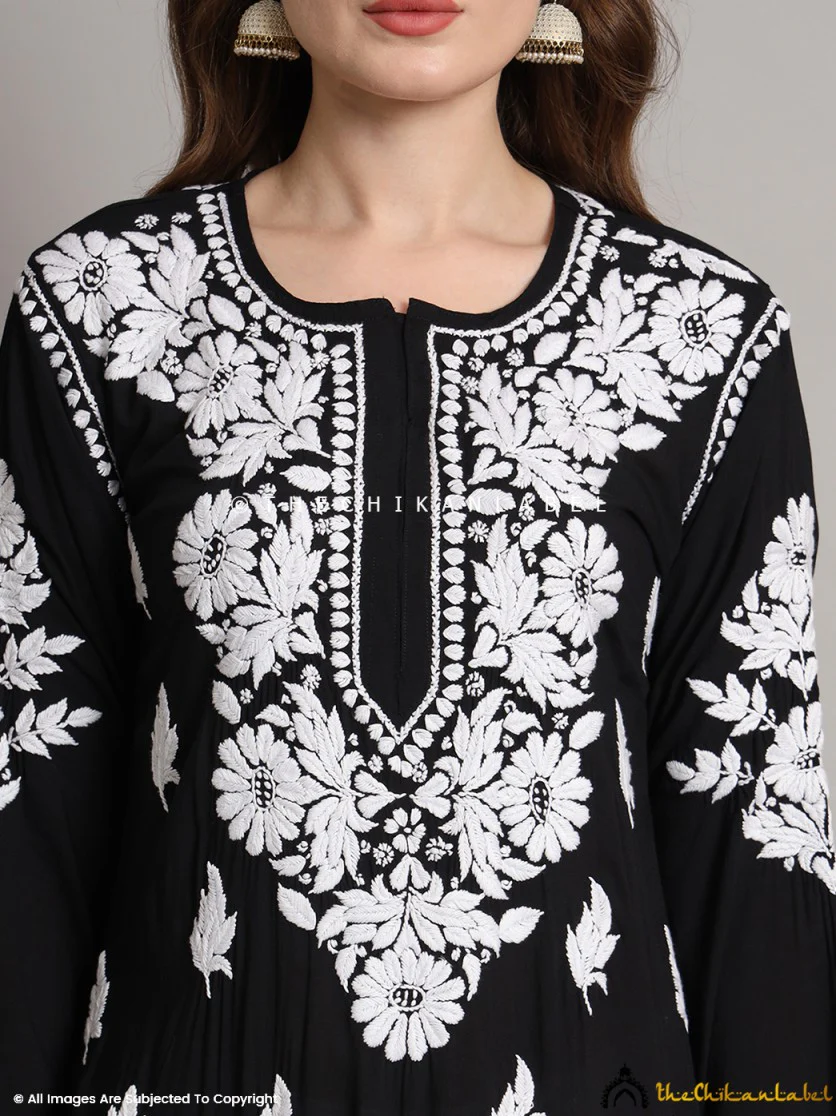 Sanaya Modal Chikankari Straight Kurti - Black - Image 2