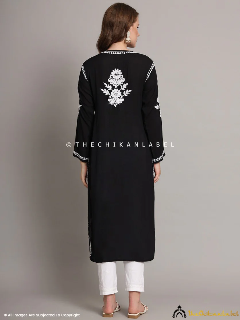 Sanaya Modal Chikankari Straight Kurti - Black - Image 3