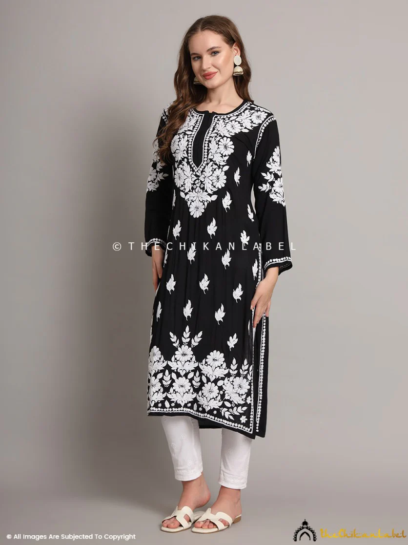 Sanaya Modal Chikankari Straight Kurti - Black - Image 4