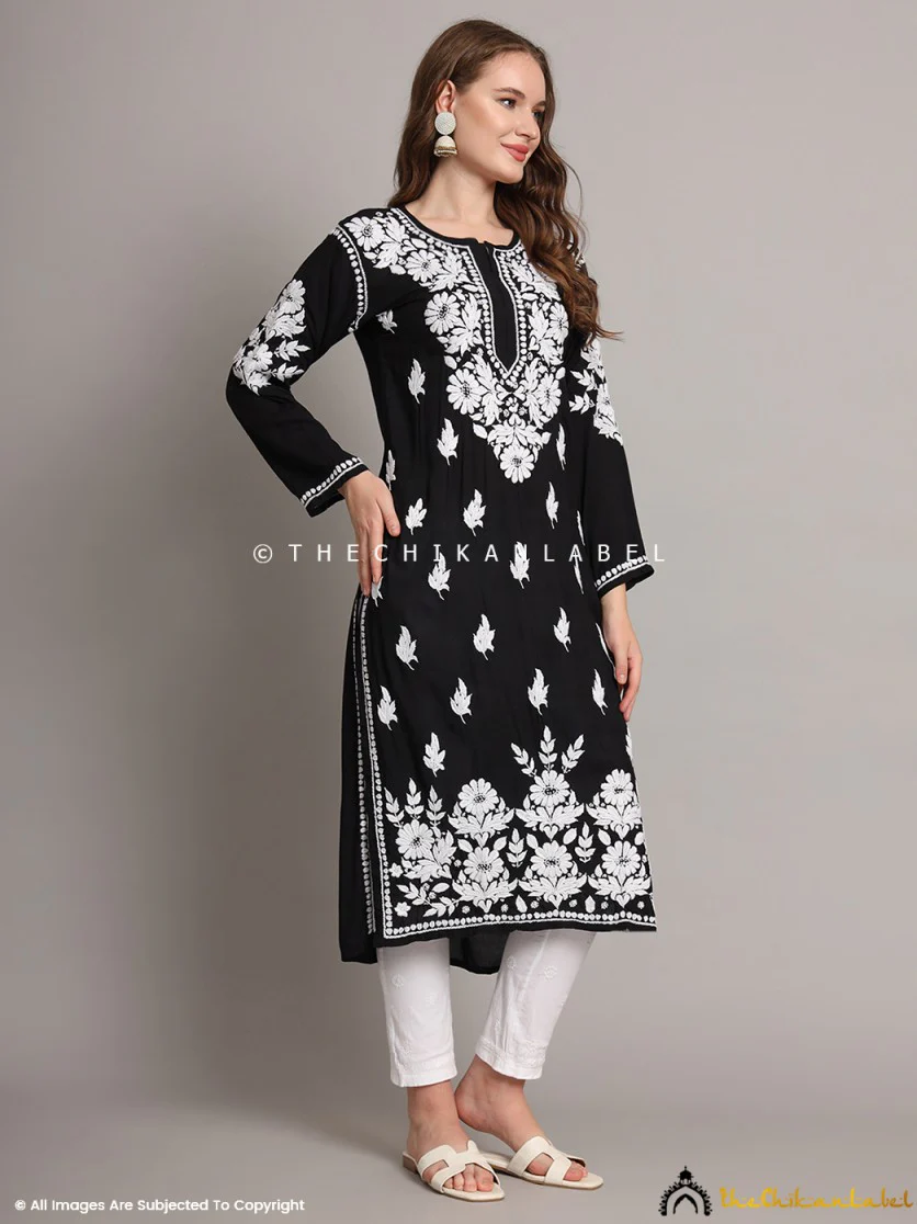 Sanaya Modal Chikankari Straight Kurti - Black - Image 5