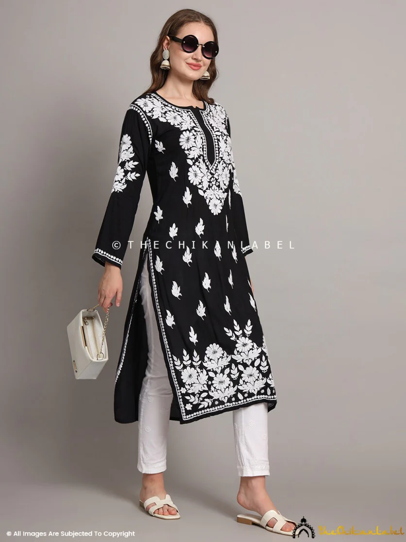 Sanaya Modal Chikankari Straight Kurti - Black - Image 6