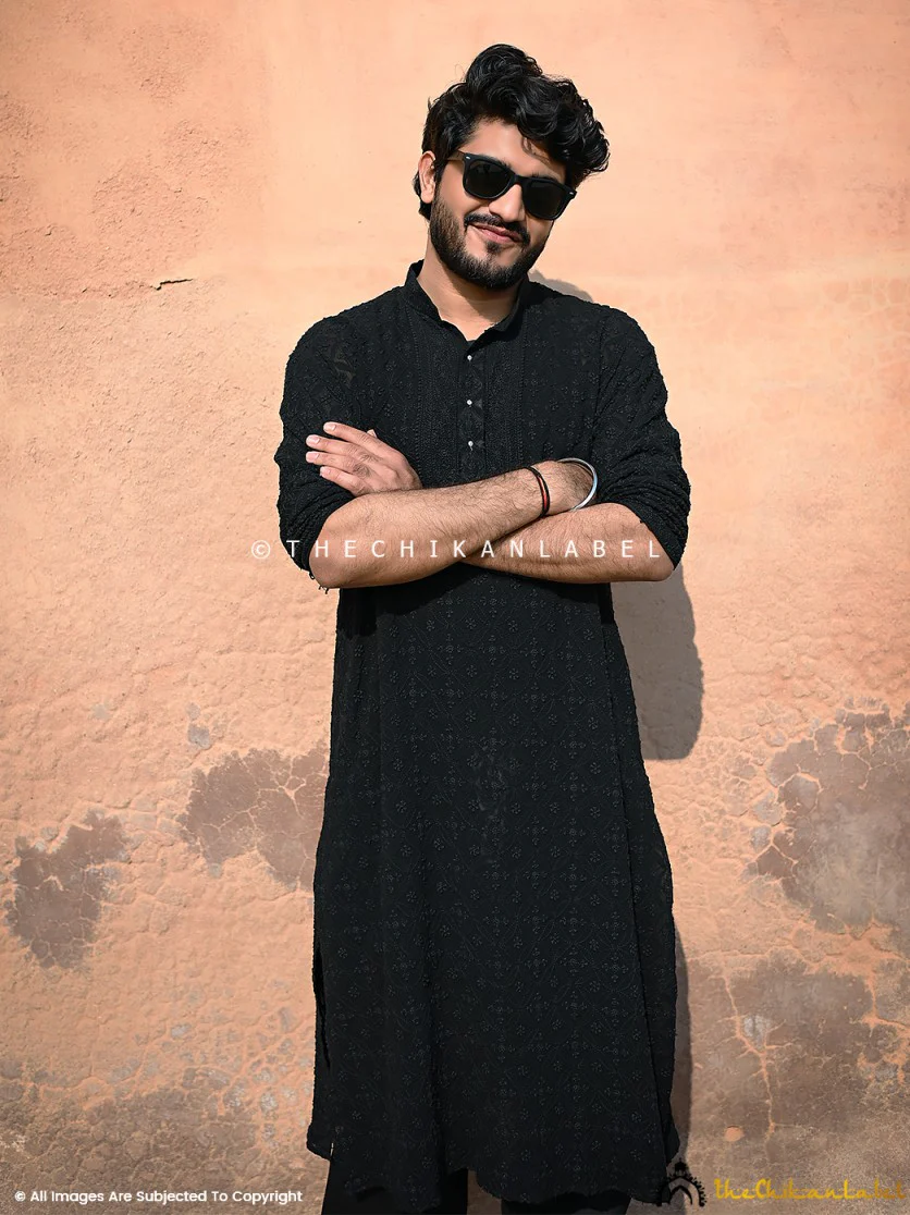 Black Shaan Viscose Mens Chikankari Kurta - Image 2