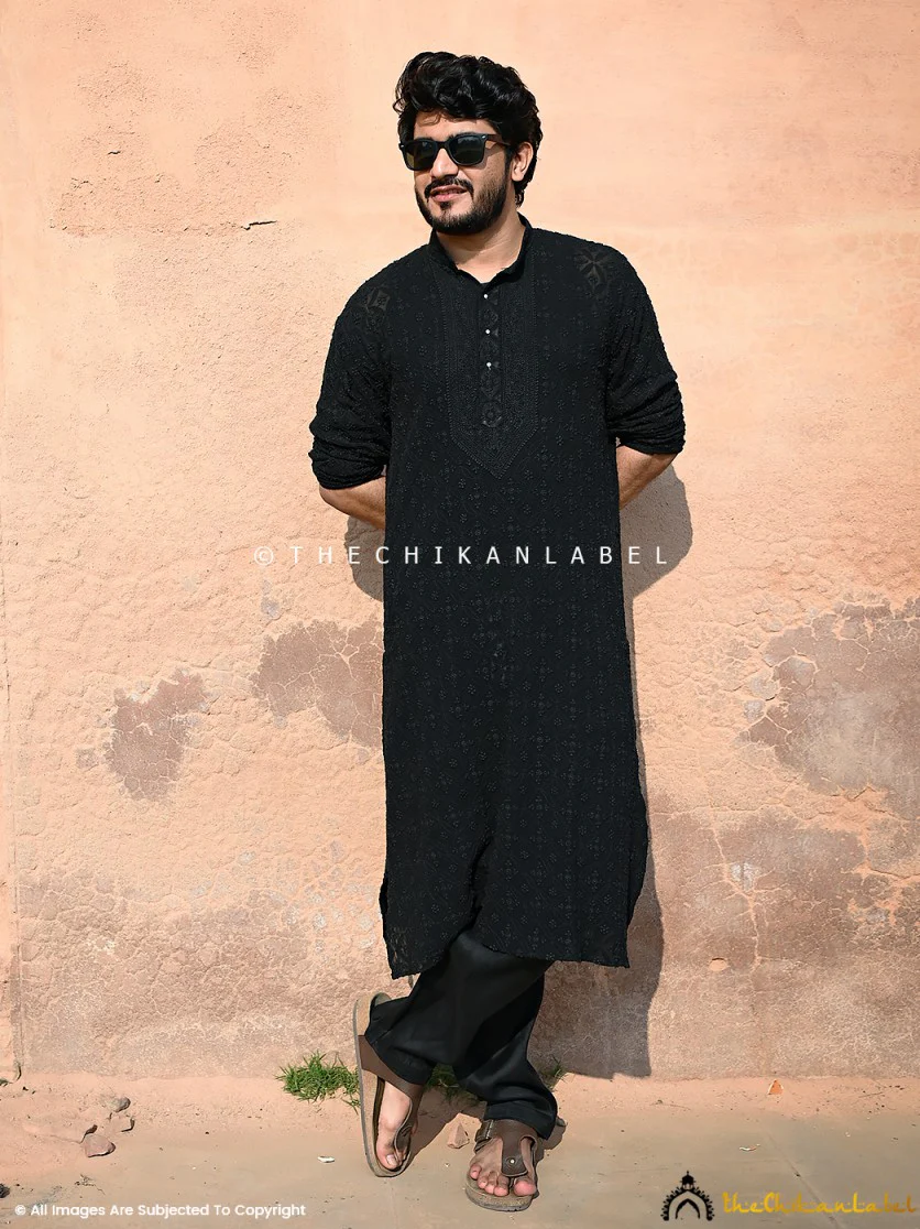 Black Shaan Viscose Mens Chikankari Kurta - Image 4