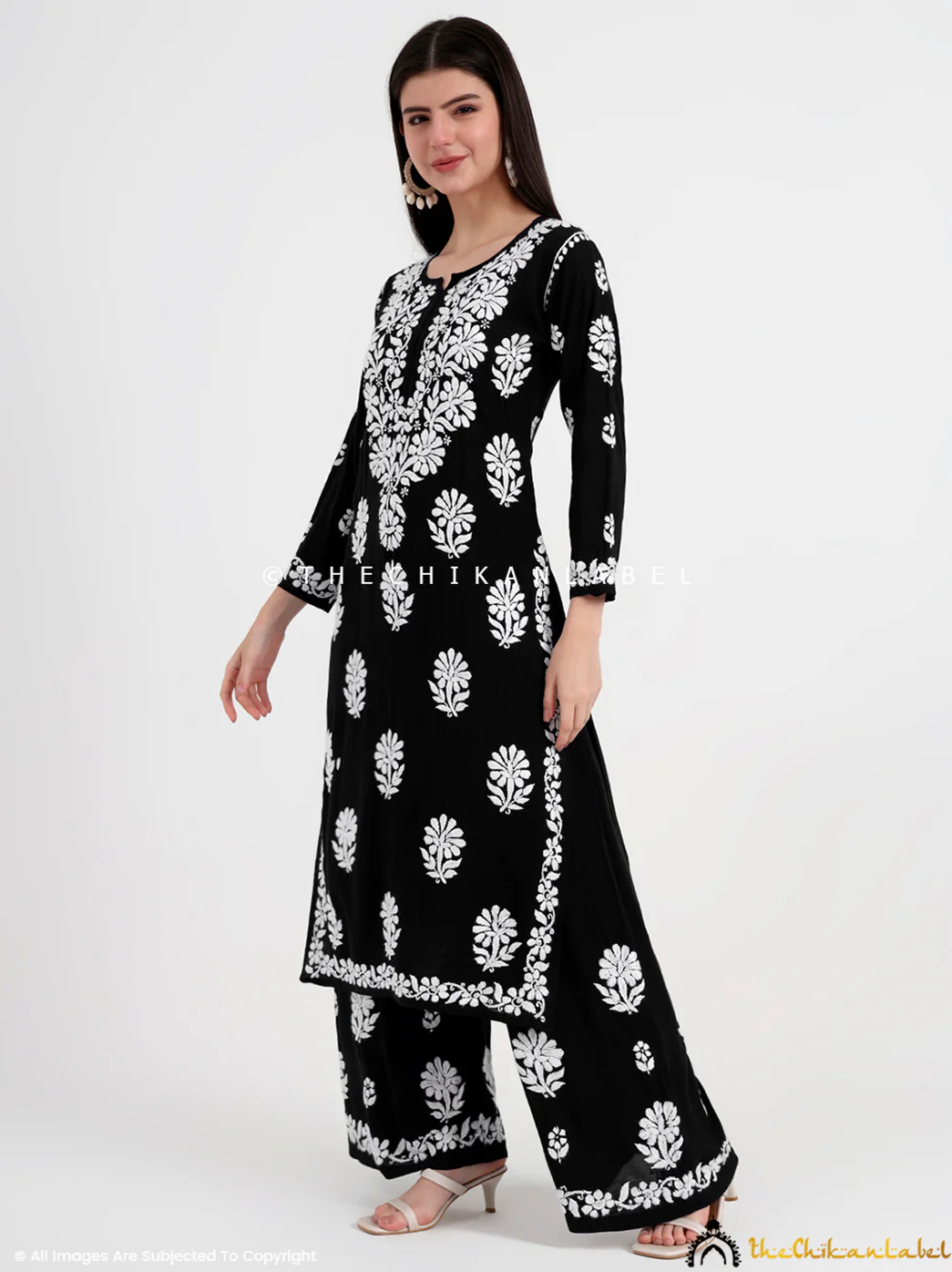 Tazmeen Modal Chikankari Kurti Palazzo Set - Black - Image 4
