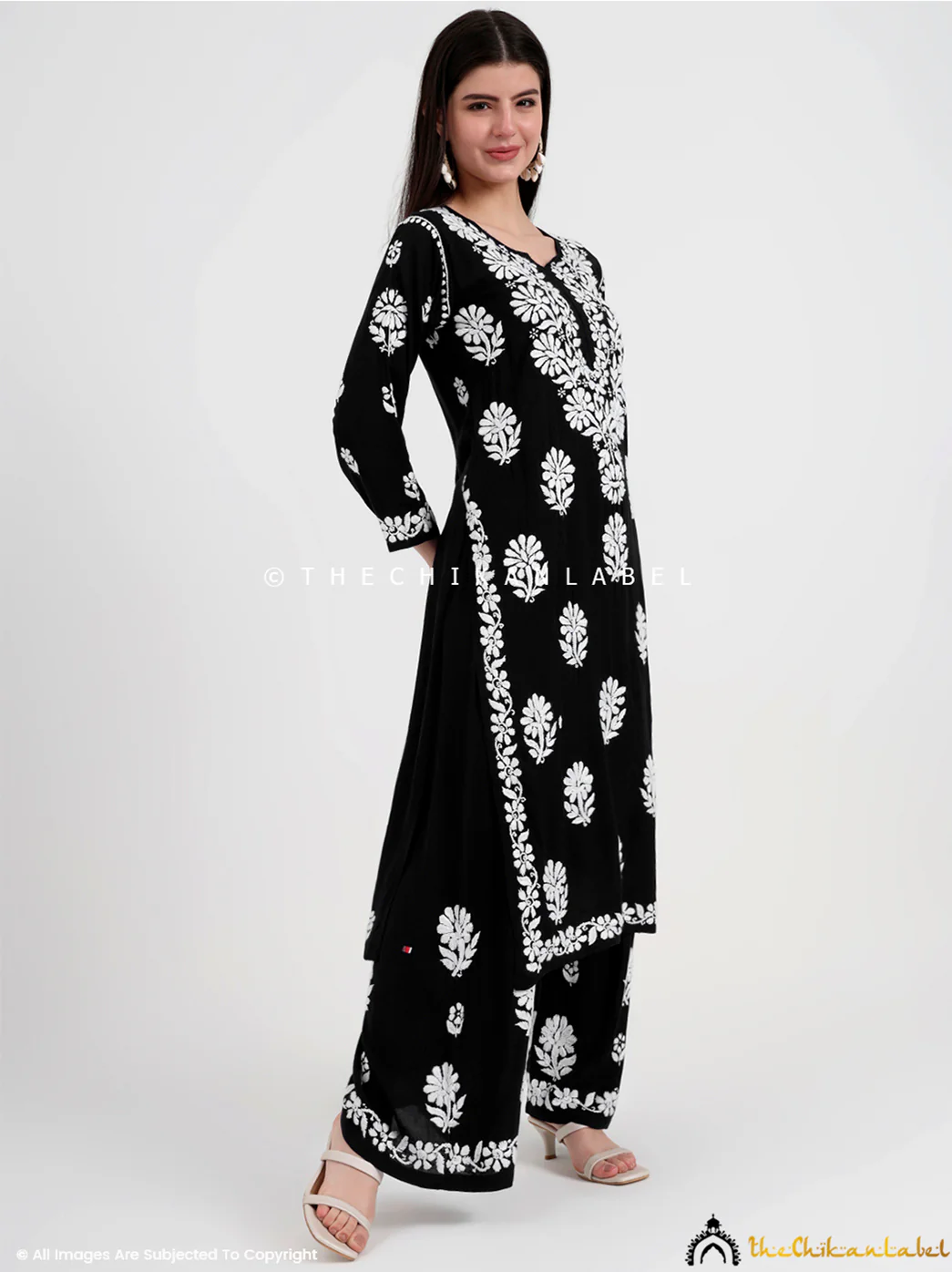 Tazmeen Modal Chikankari Kurti Palazzo Set - Black - Image 5