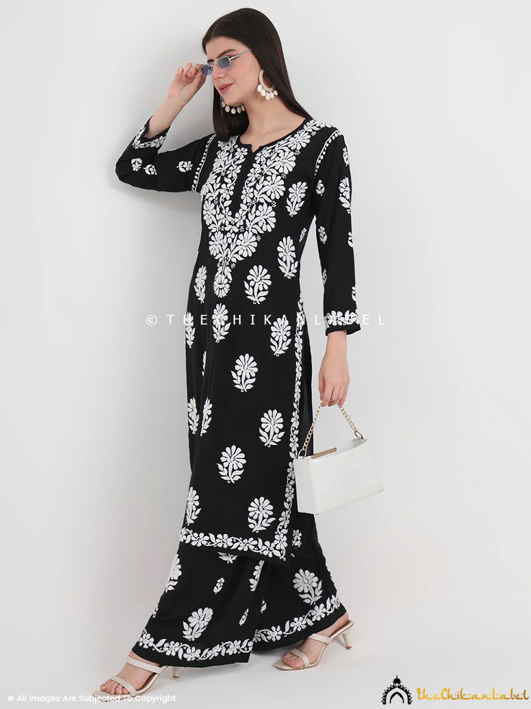 Tazmeen Modal Chikankari Kurti Palazzo Set - Black - Image 6