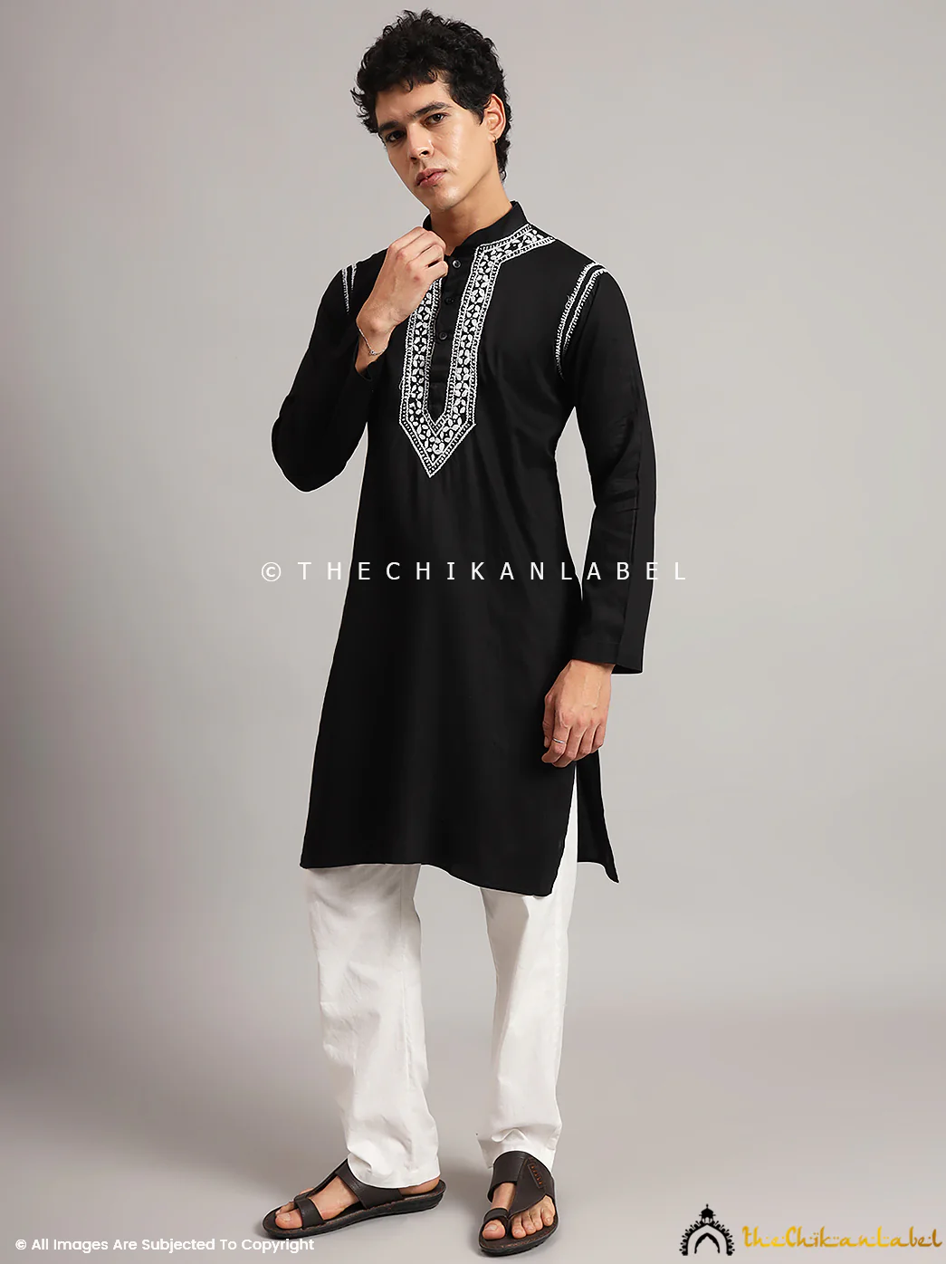 Black Uman Cotton Chikankari Men's Kurta - Image 3