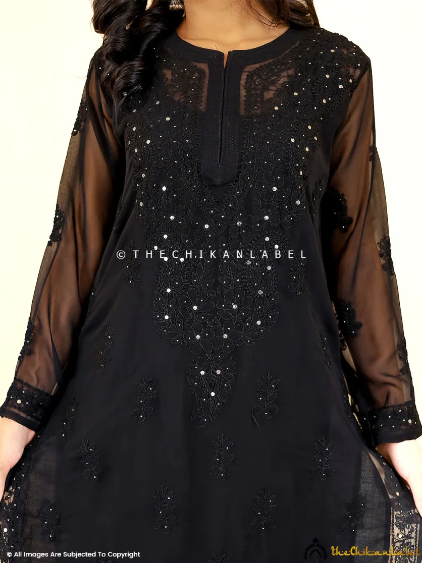 Black Zainab Georgette Chikankari Kurta Sharara Set - Image 2