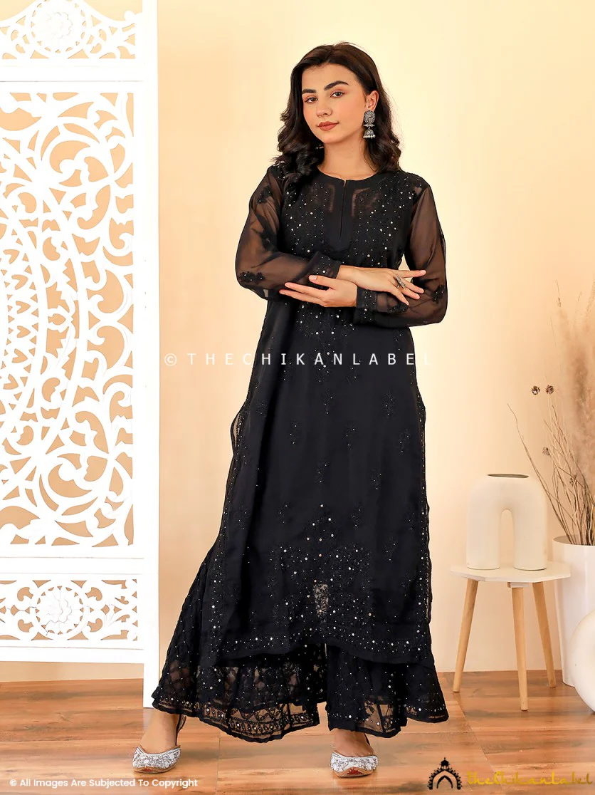 Black Zainab Georgette Chikankari Kurta Sharara Set - Image 3