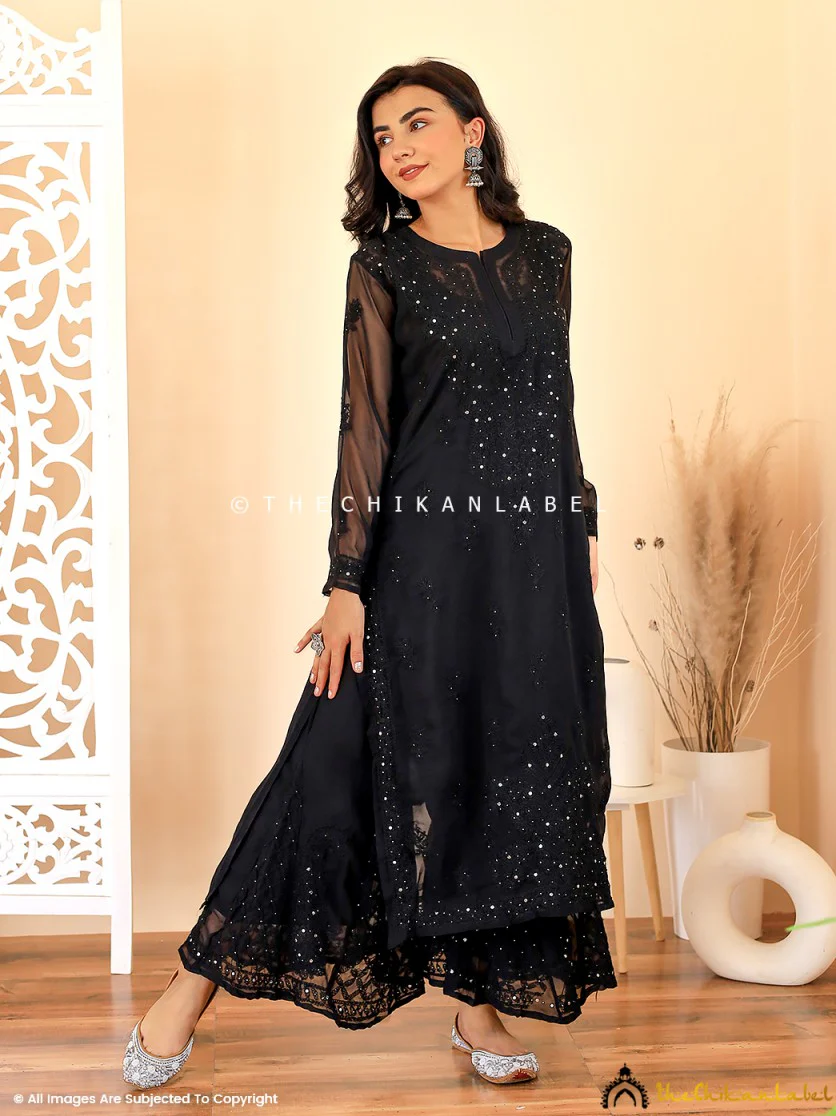Black Zainab Georgette Chikankari Kurta Sharara Set - Image 4