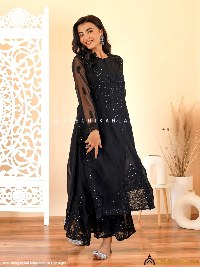 Black Zainab Georgette Chikankari Kurta Sharara Set - Image 5
