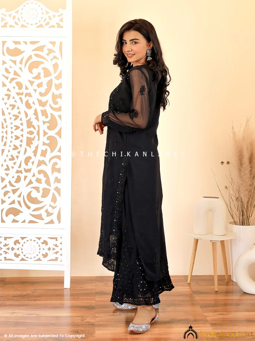 Black Zainab Georgette Chikankari Kurta Sharara Set - Image 6