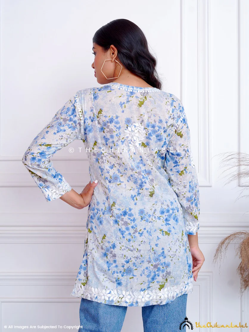 Blue Aadila Mulmul Cotton Chikankari Short Top - Image 3