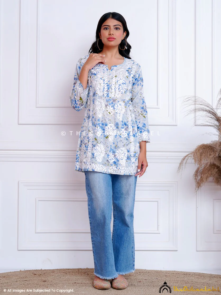 Blue Aadila Mulmul Cotton Chikankari Short Top - Image 4