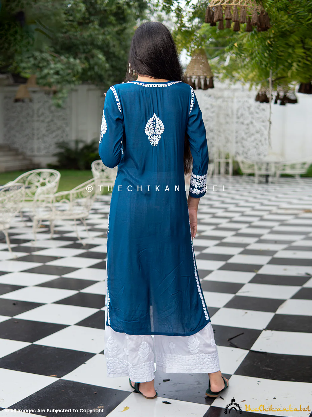 Amara Muslin Chikankari Straight Kurti - Blue - Image 3