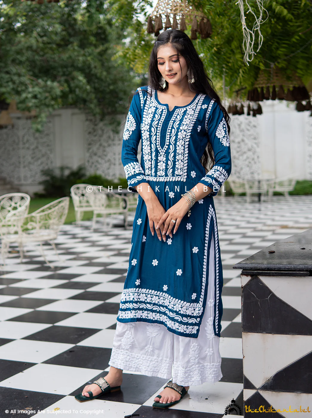 Amara Muslin Chikankari Straight Kurti - Blue - Image 4