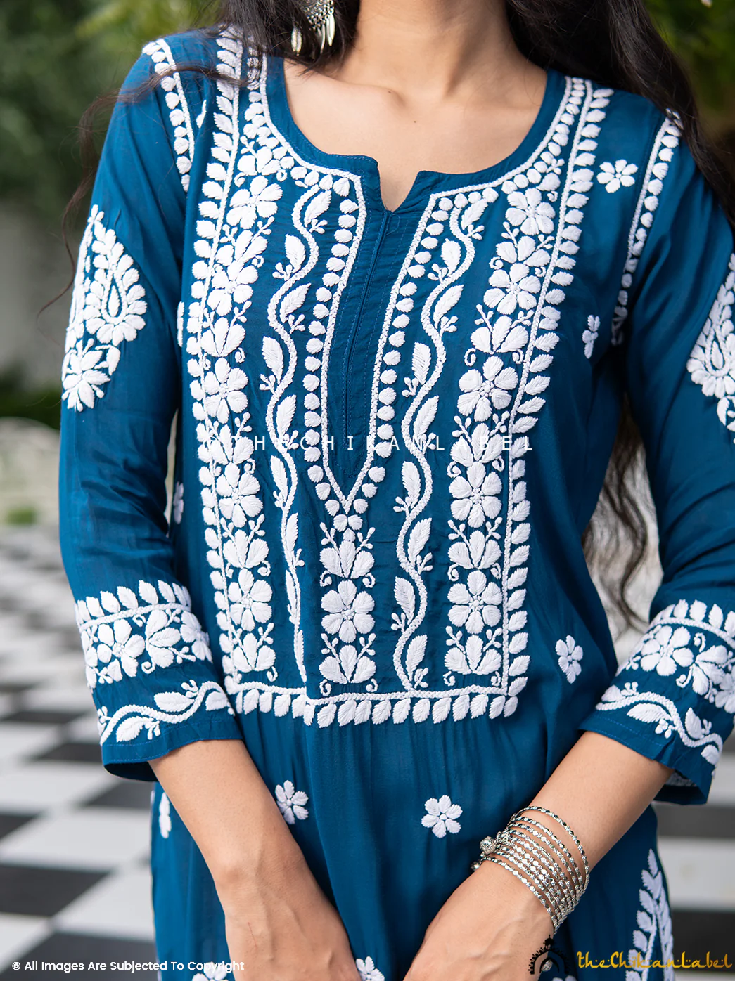 Amara Muslin Chikankari Straight Kurti - Blue - Image 6