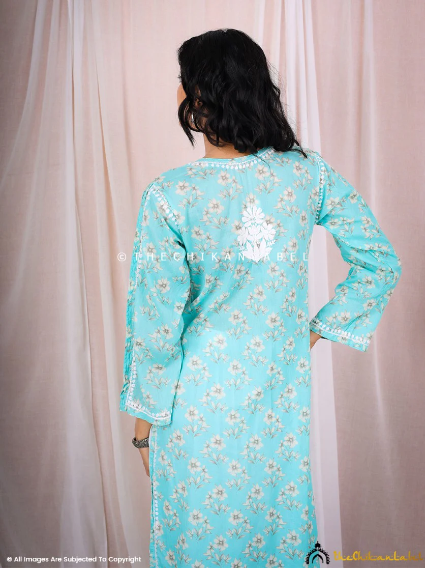 Arisha Mulmul Chikankari Printed Straight Kurti - Blue - Image 3