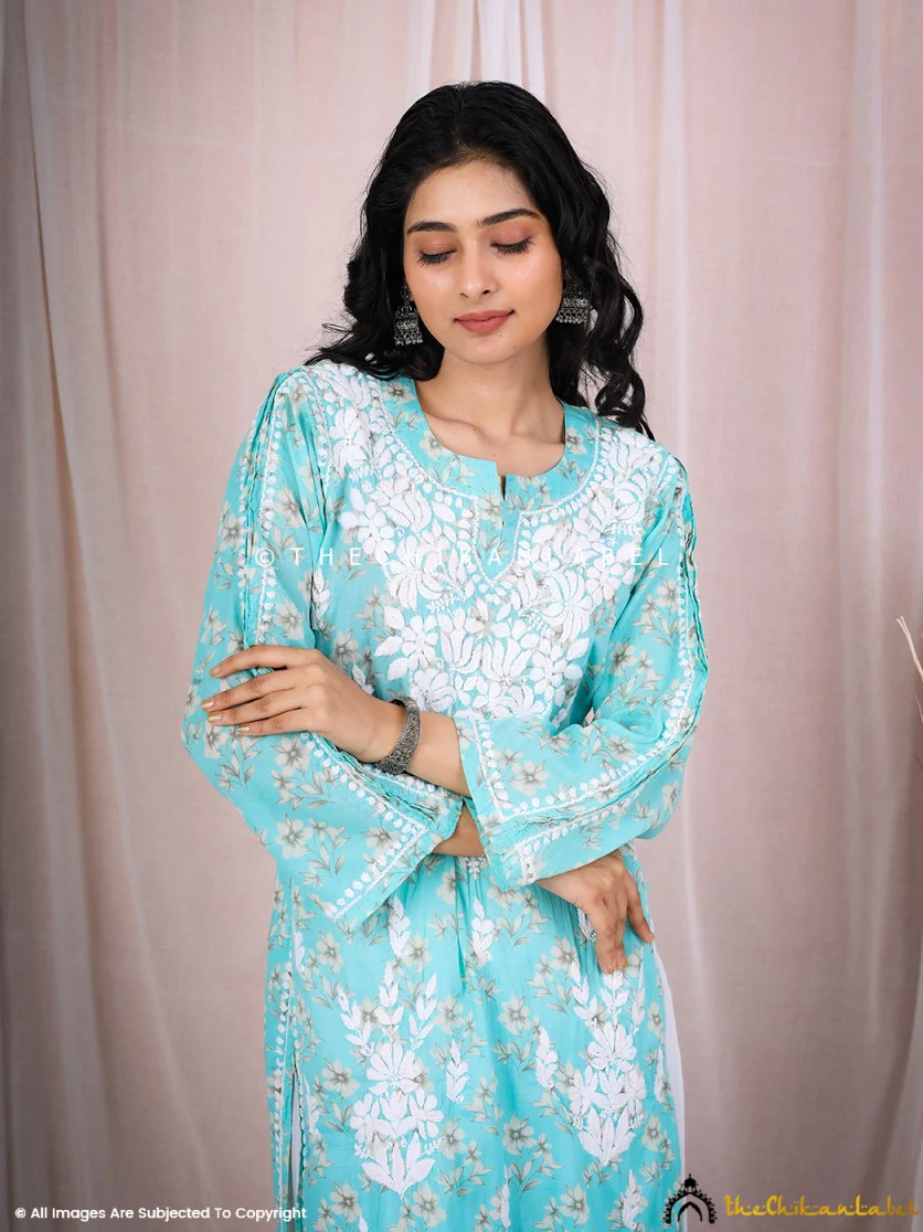 Arisha Mulmul Chikankari Printed Straight Kurti - Blue - Image 4