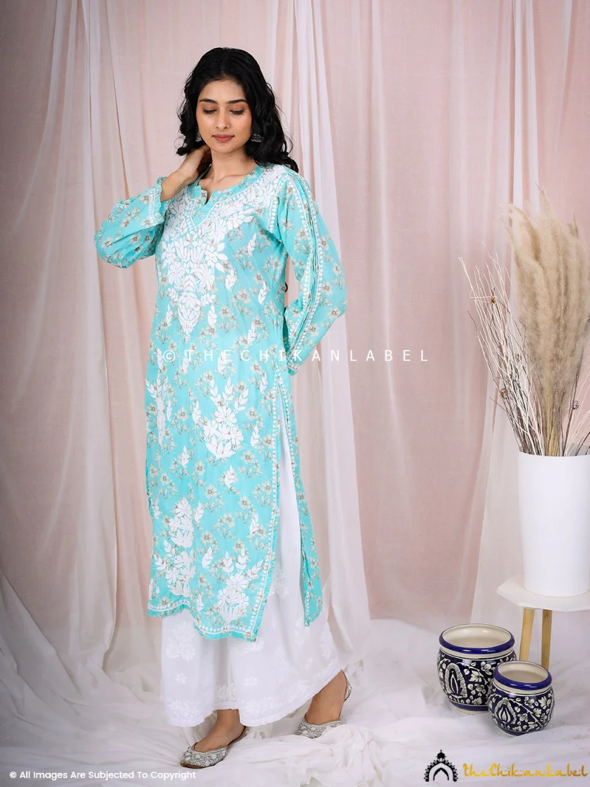 Arisha Mulmul Chikankari Printed Straight Kurti - Blue - Image 5