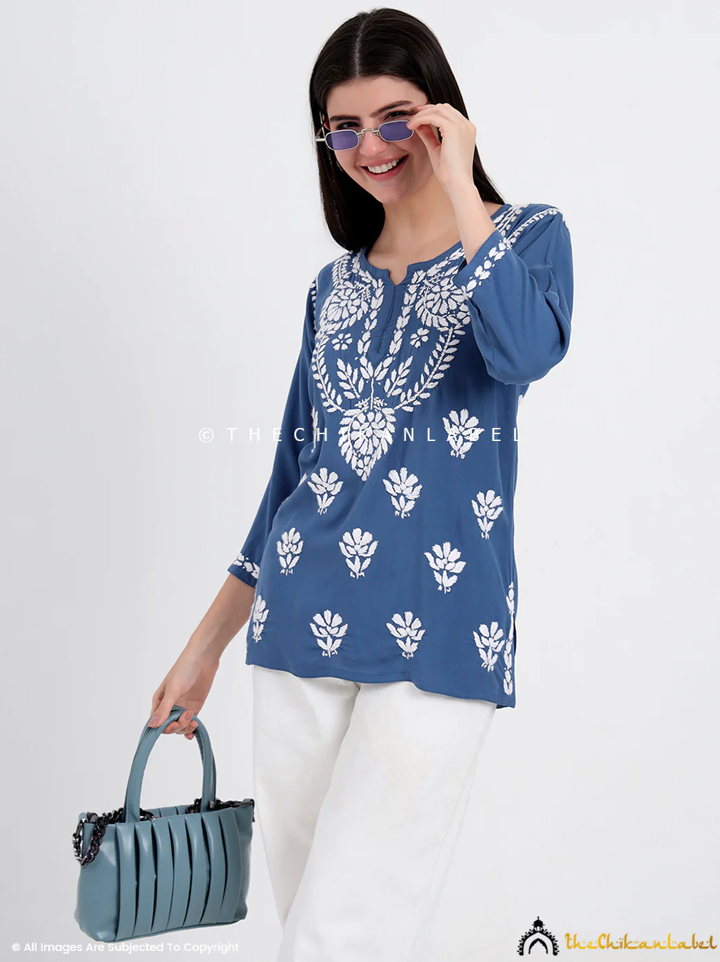 Chahat Rayon Chikankari Short Top - Blue - Image 4