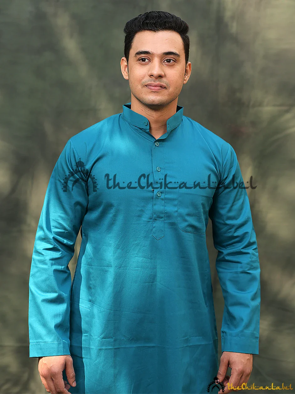 Blue Cotton Mens Kurta Lucknawi Chikankari Handmade - Image 3