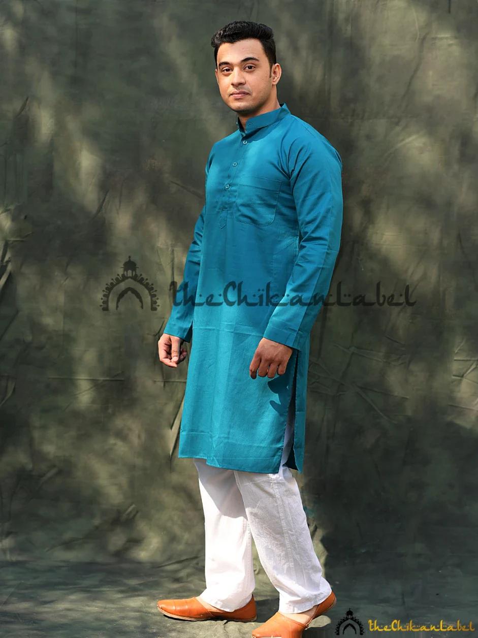 Blue Cotton Mens Kurta Lucknawi Chikankari Handmade - Image 4