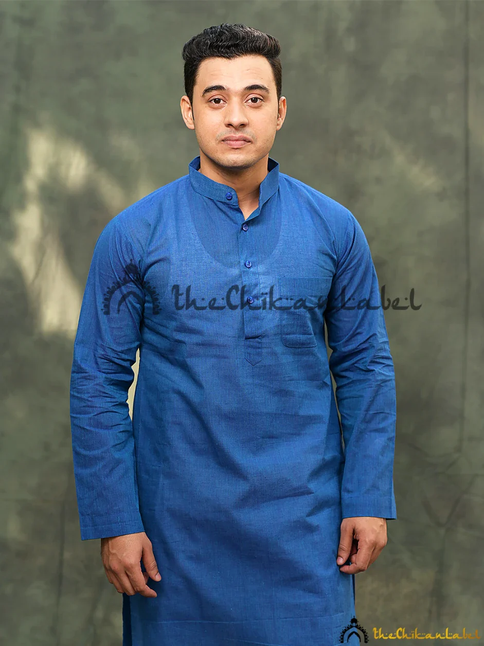 Blue Cotton Mens Kurta Lucknawi Chikankari Handmade - Image 3