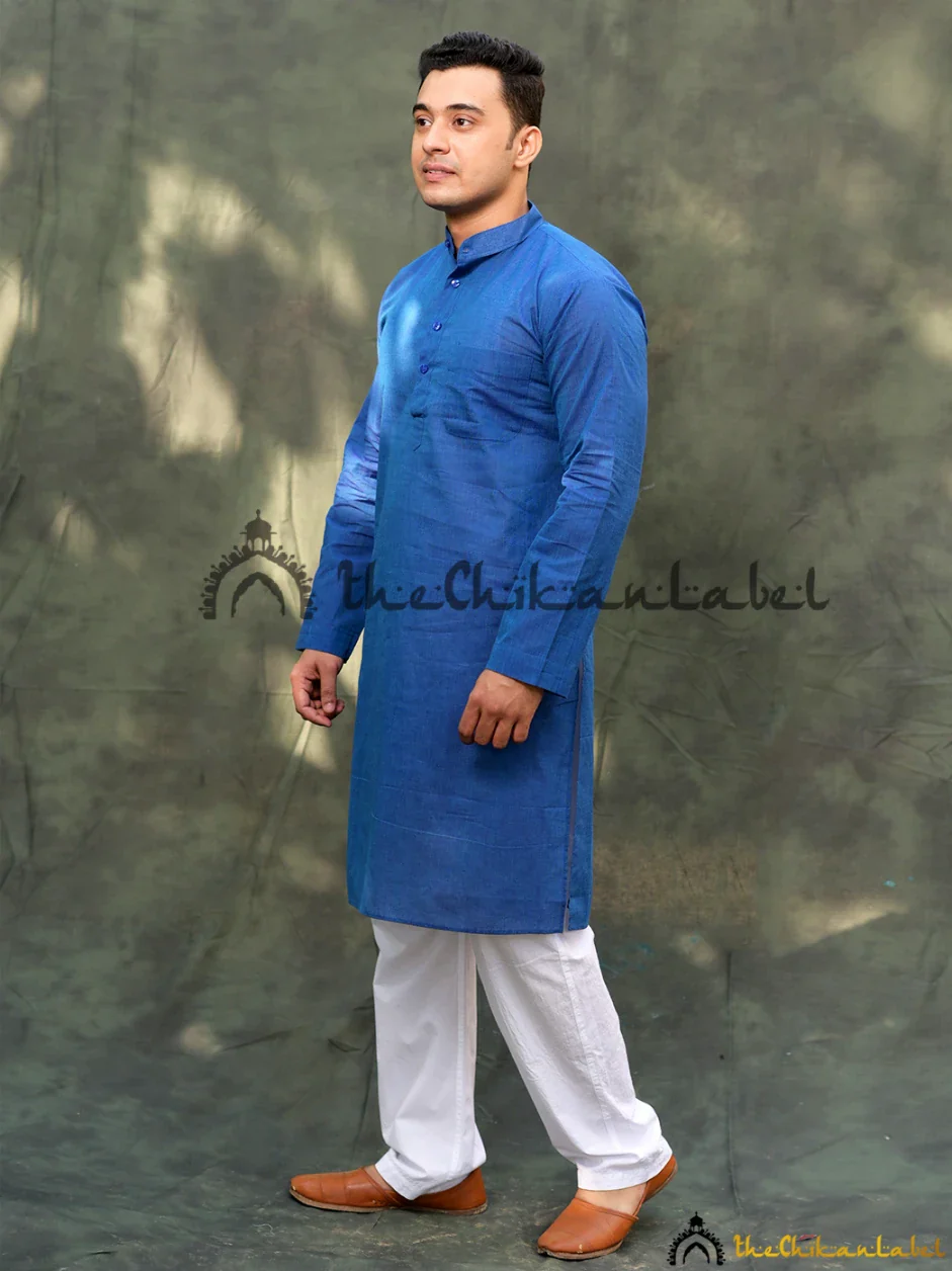 Blue Cotton Mens Kurta Lucknawi Chikankari Handmade - Image 4