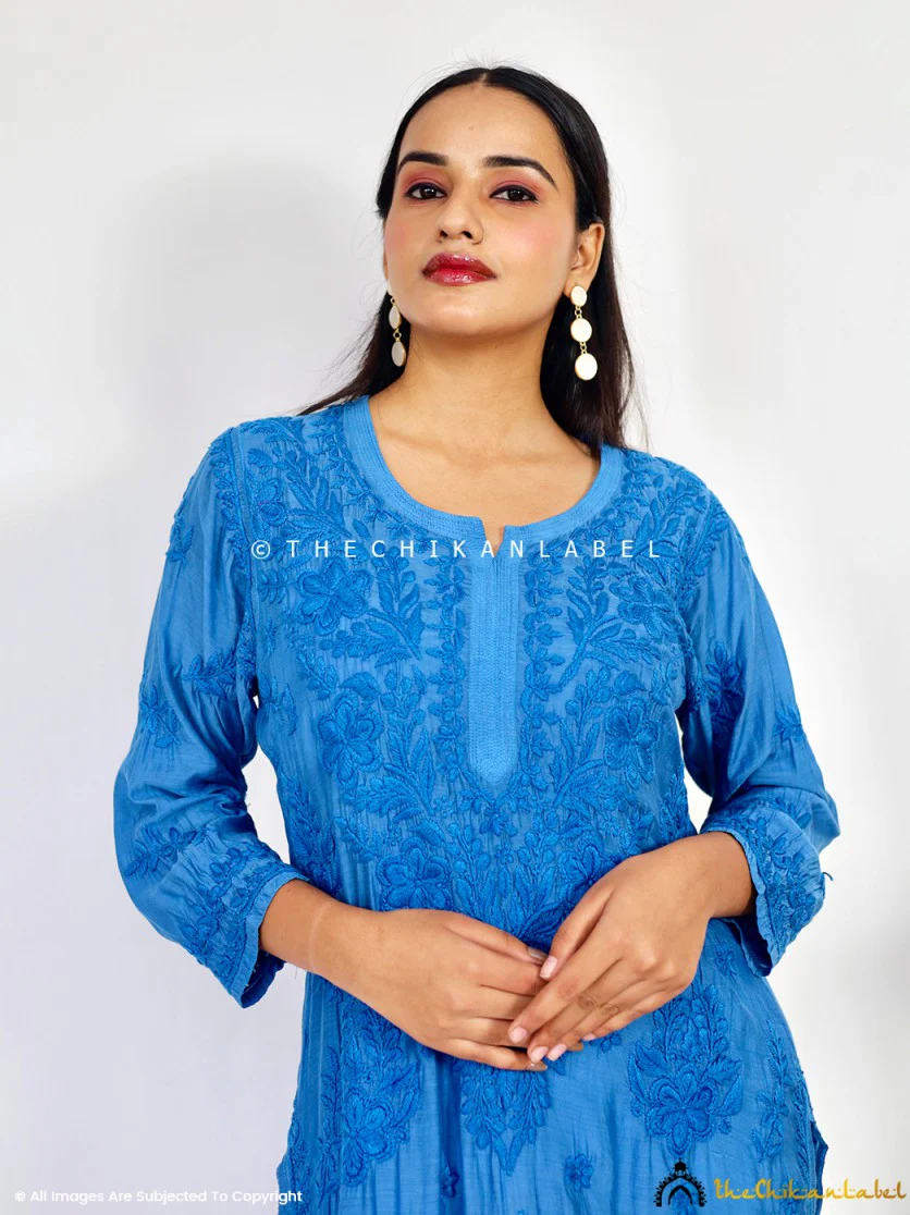 Daksha Muslin Chikankari Straight Kurti - Blue - Image 2