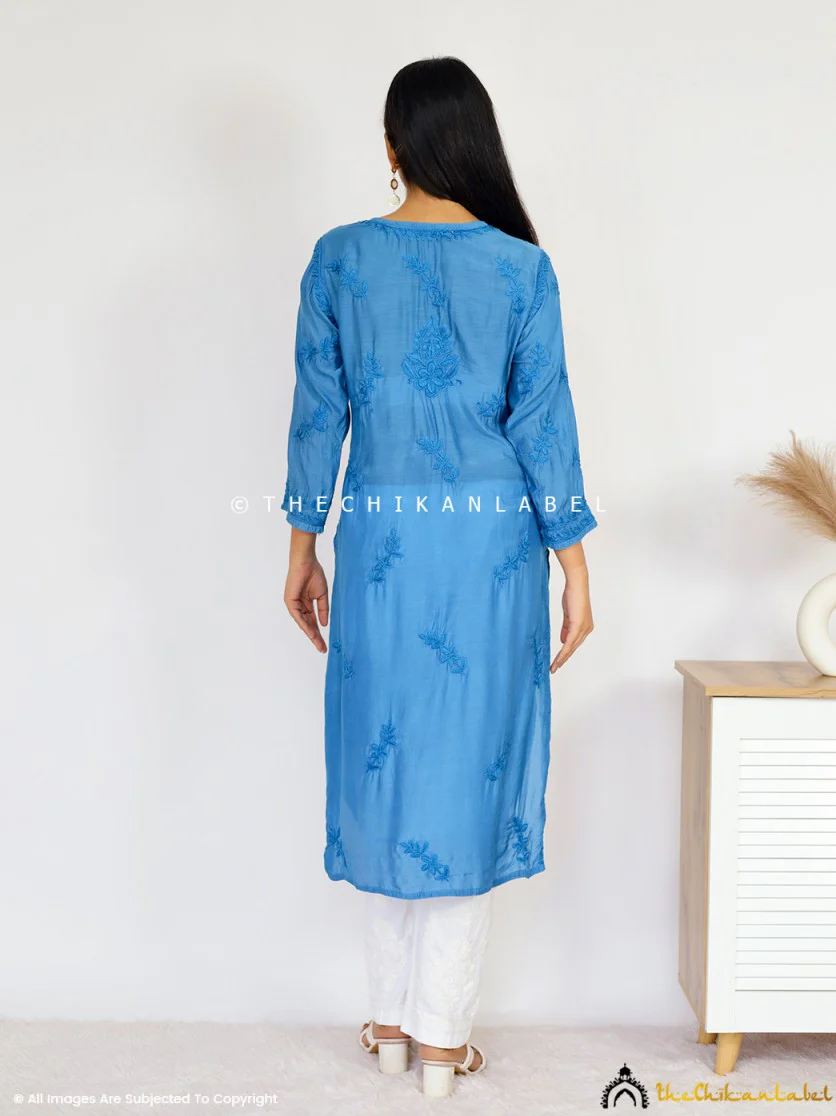 Daksha Muslin Chikankari Straight Kurti - Blue - Image 3
