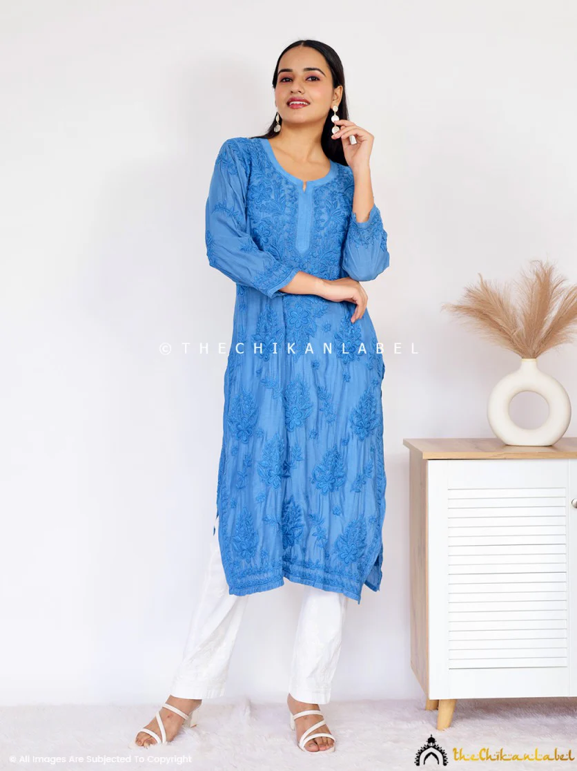 Daksha Muslin Chikankari Straight Kurti - Blue - Image 4