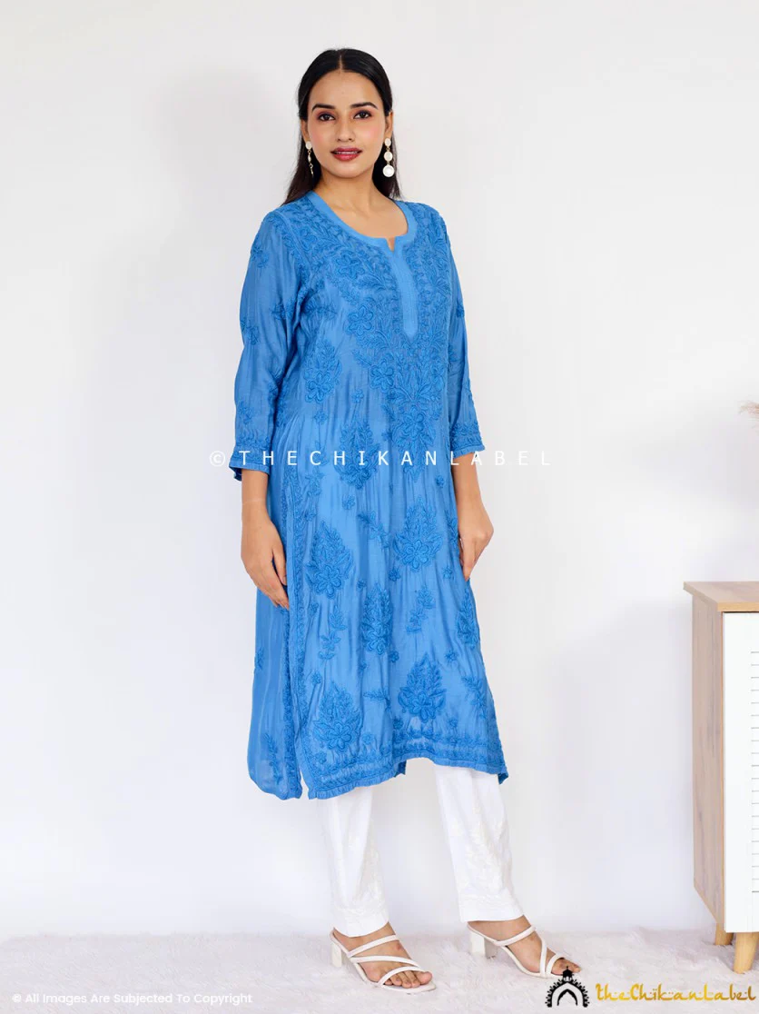 Daksha Muslin Chikankari Straight Kurti - Blue - Image 5