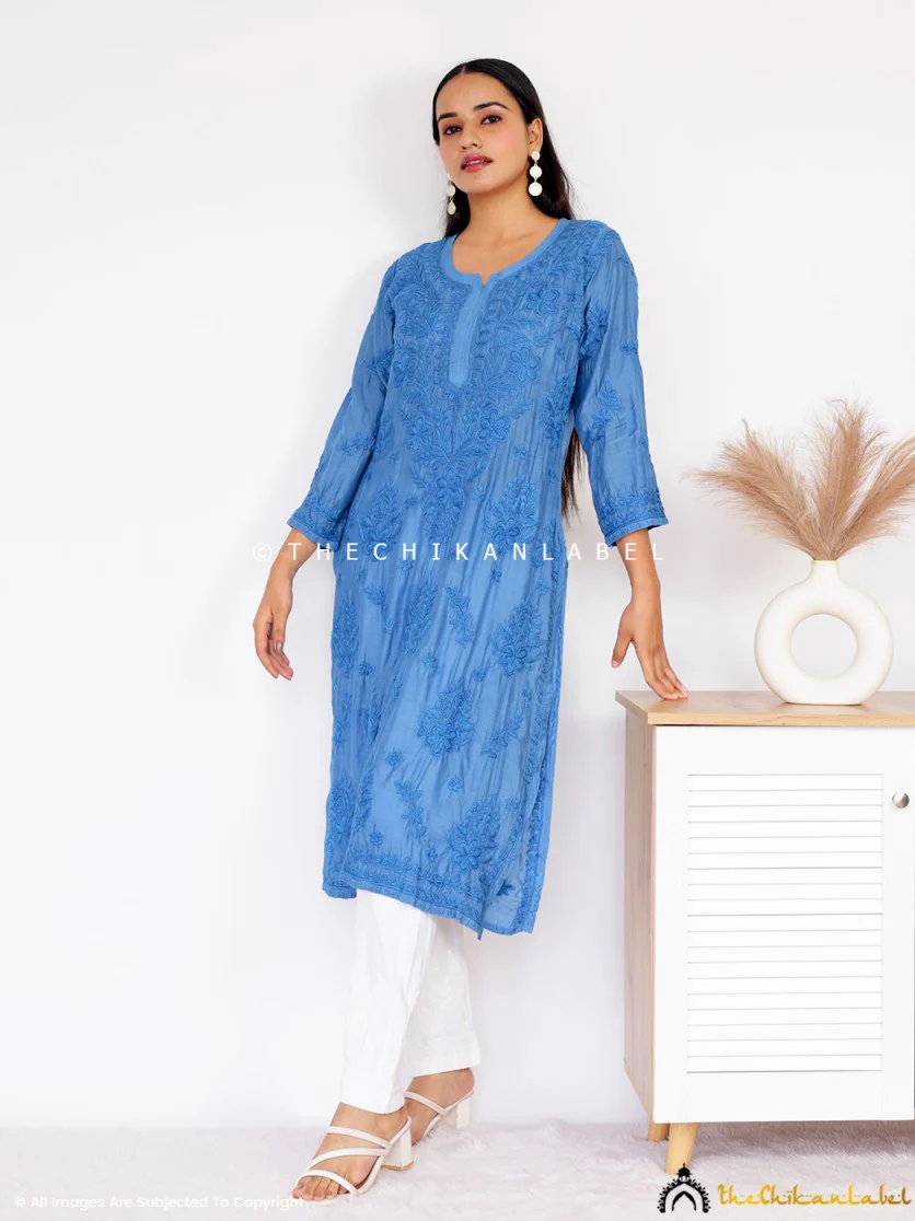 Daksha Muslin Chikankari Straight Kurti - Blue - Image 6