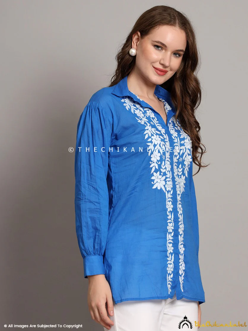 Drisha Mulmul Cotton Chikankari Shirt - Blue - Image 10