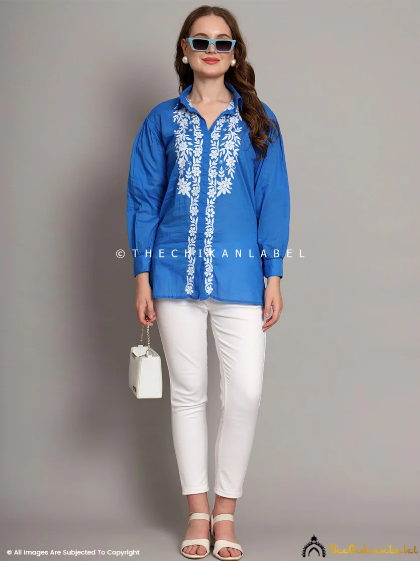 Drisha Mulmul Cotton Chikankari Shirt - Blue - Image 11