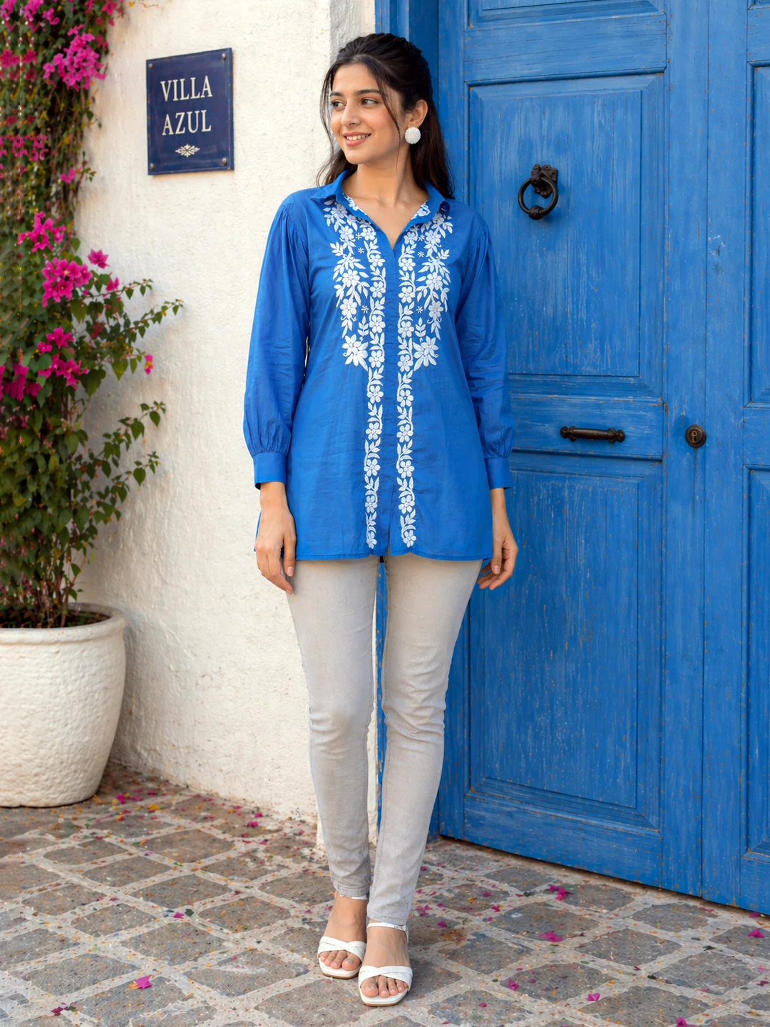 Drisha Mulmul Cotton Chikankari Shirt - Blue - Image 5